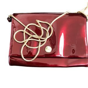 Adolfo Domínguez Red Burgundy Faux PATENT LEATHER CROSS BODY BAG With Gold Chain
